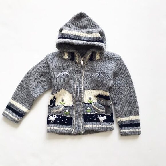 unknown Other - Hand knit farm scene hooded sweater looks 2/3T